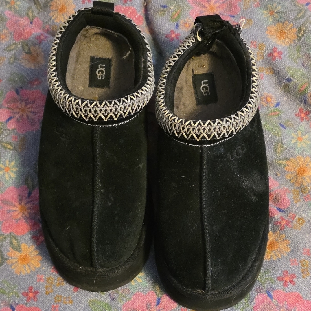 UGG Black Velvet Slip-Ons with Patterned Trim